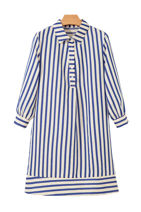 Striped Textured Collared Half Button Pocket Detail Mini Dress