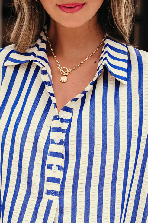 Striped Textured Collared Half Button Pocket Detail Mini Dress