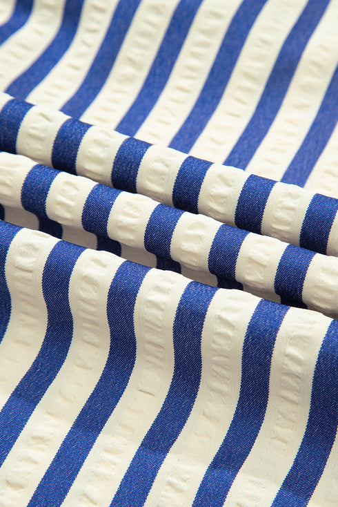 Striped Textured Collared Half Button Pocket Detail Mini Dress
