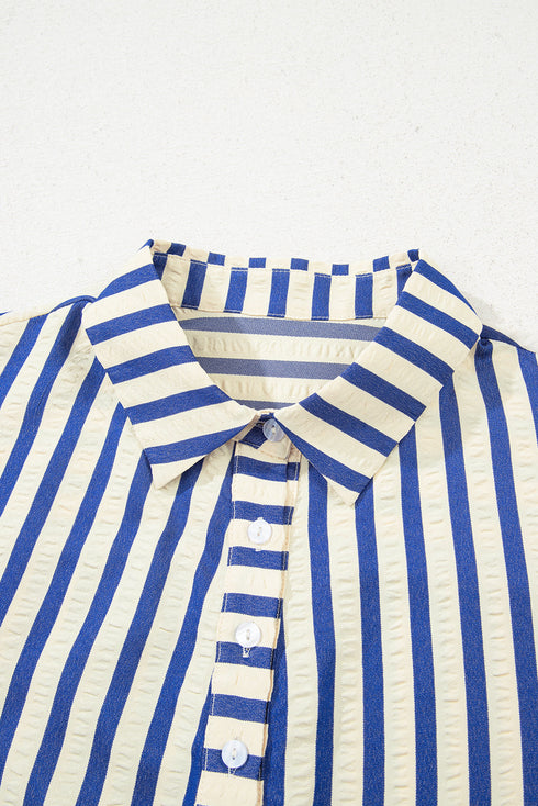 Striped Textured Collared Half Button Pocket Detail Mini Dress