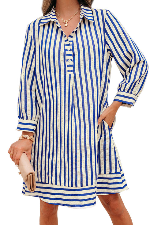 Striped Textured Collared Half Button Pocket Detail Mini Dress