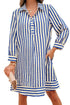 Striped Textured Collared Half Button Pocket Detail Mini Dress