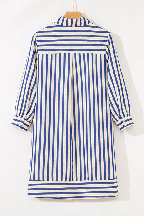 Striped Textured Collared Half Button Pocket Detail Mini Dress