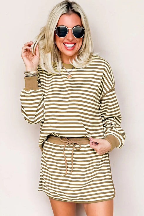 Striped Textured Drop Shoulder Pullover Drawstring Skirt Two Piece Dress