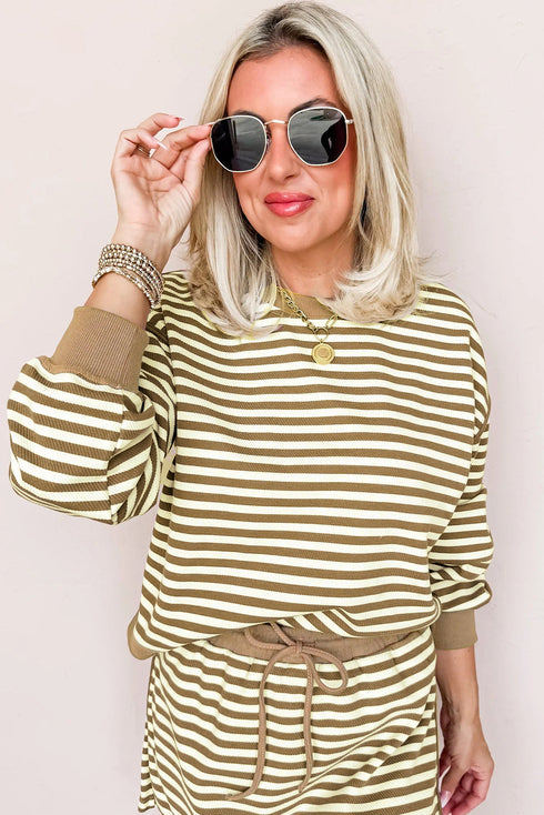 Striped Textured Drop Shoulder Pullover Drawstring Skirt Two Piece Dress