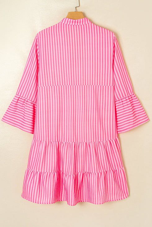 Striped Textured Half Placket Flare Sleeve Flowy Mini Dress