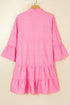 Striped Textured Half Placket Flare Sleeve Flowy Mini Dress