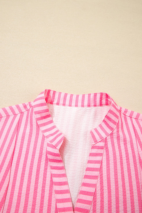 Striped Textured Half Placket Flare Sleeve Flowy Mini Dress