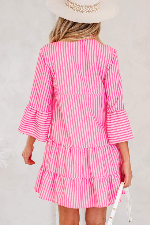 Striped Textured Half Placket Flare Sleeve Flowy Mini Dress