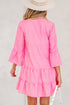 Striped Textured Half Placket Flare Sleeve Flowy Mini Dress