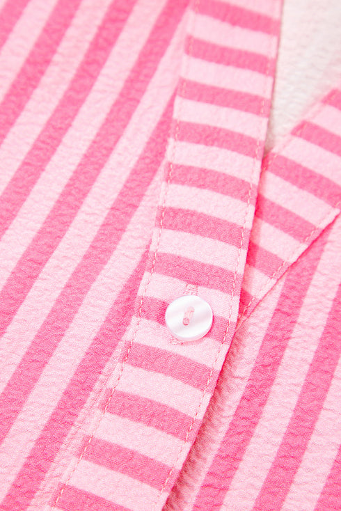 Striped Textured Half Placket Flare Sleeve Flowy Mini Dress