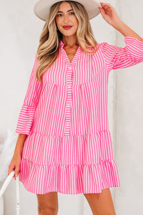 Striped Textured Half Placket Flare Sleeve Flowy Mini Dress