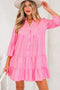 Striped Textured Half Placket Flare Sleeve Flowy Mini Dress
