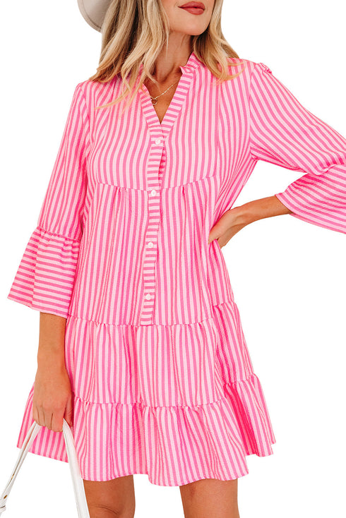 Striped Textured Half Placket Flare Sleeve Flowy Mini Dress