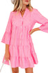 Striped Textured Half Placket Flare Sleeve Flowy Mini Dress