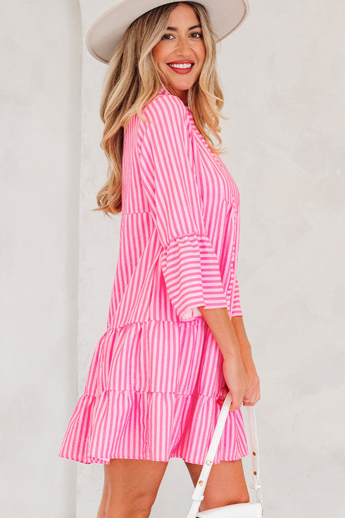 Striped Textured Half Placket Flare Sleeve Flowy Mini Dress