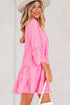 Striped Textured Half Placket Flare Sleeve Flowy Mini Dress
