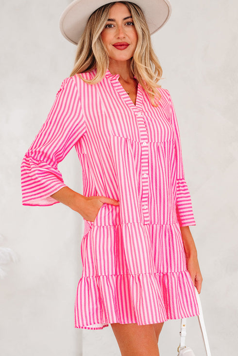 Striped Textured Half Placket Flare Sleeve Flowy Mini Dress