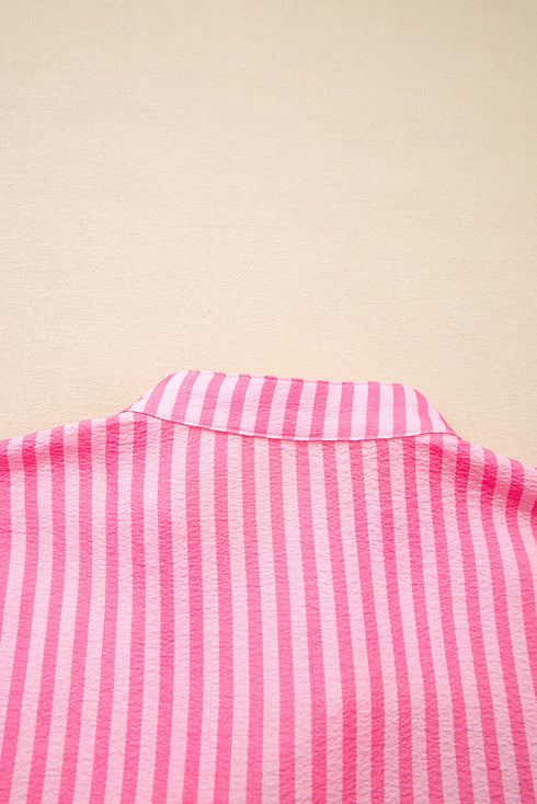 Striped Textured Half Placket Flare Sleeve Flowy Mini Dress