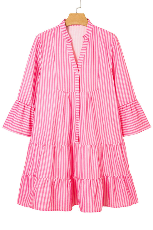 Striped Textured Half Placket Flare Sleeve Flowy Mini Dress