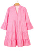 Striped Textured Half Placket Flare Sleeve Flowy Mini Dress