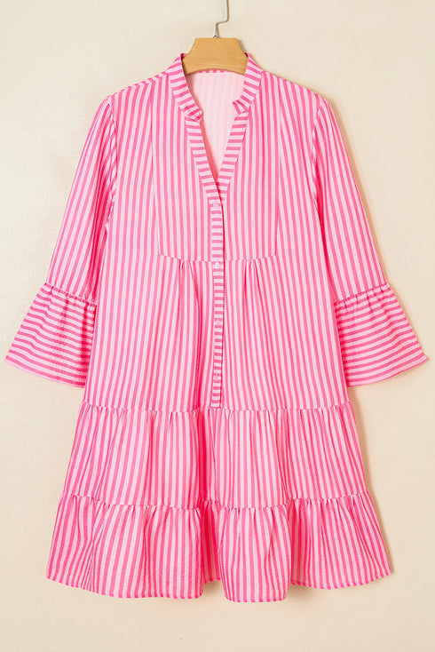 Striped Textured Half Placket Flare Sleeve Flowy Mini Dress