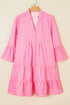 Striped Textured Half Placket Flare Sleeve Flowy Mini Dress
