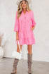 Striped Textured Half Placket Flare Sleeve Flowy Mini Dress