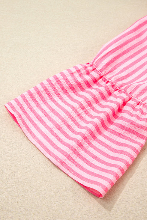 Striped Textured Half Placket Flare Sleeve Flowy Mini Dress