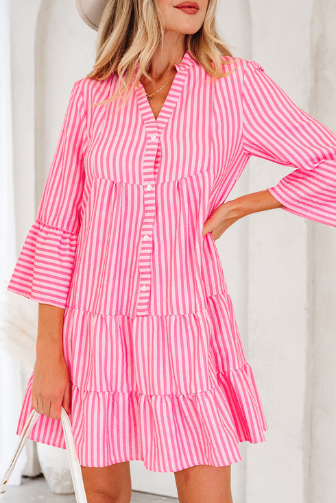 Striped Textured Half Placket Flare Sleeve Flowy Mini Dress