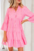 Striped Textured Half Placket Flare Sleeve Flowy Mini Dress