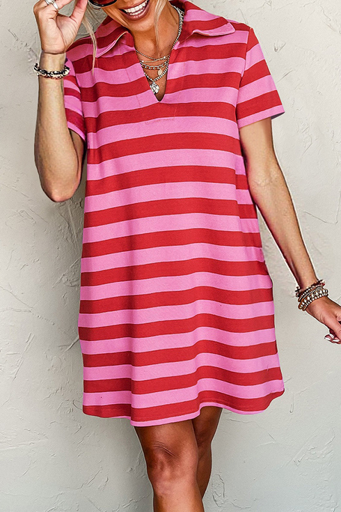 Striped Textured Knit Collared V Neck T Shirt Dress