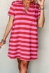 Striped Textured Knit Collared V Neck T Shirt Dress
