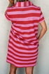 Striped Textured Knit Collared V Neck T Shirt Dress