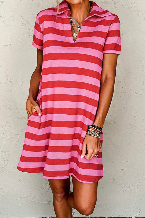 Striped Textured Knit Collared V Neck T Shirt Dress