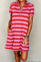 Striped Textured Knit Collared V Neck T Shirt Dress
