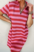Striped Textured Knit Collared V Neck T Shirt Dress