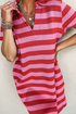 Striped Textured Knit Collared V Neck T Shirt Dress