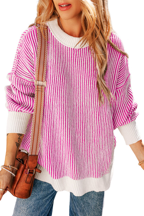 Striped Textured Knit Contrast Edge Loose Sweater