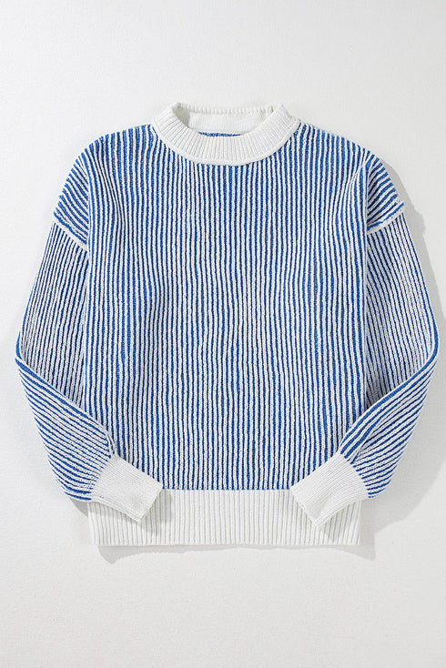 Striped Textured Knit Contrast Edge Loose Sweater