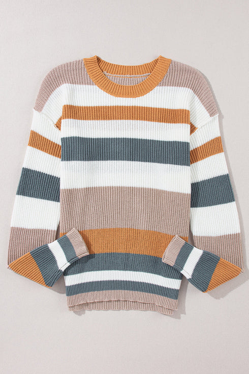Striped Textured Knit Crew Neck Pullover Sweater