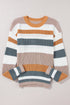 Striped Textured Knit Crew Neck Pullover Sweater