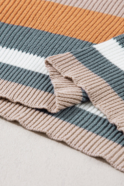 Striped Textured Knit Crew Neck Pullover Sweater