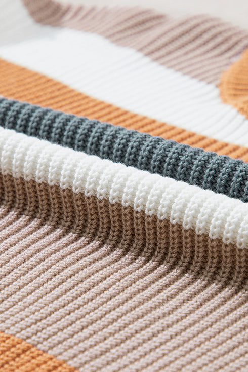 Striped Textured Knit Crew Neck Pullover Sweater