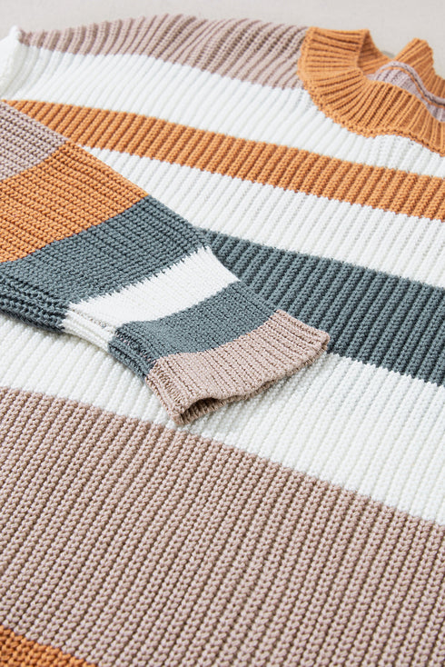 Striped Textured Knit Crew Neck Pullover Sweater