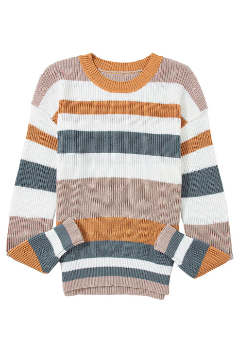 Striped Textured Knit Crew Neck Pullover Sweater