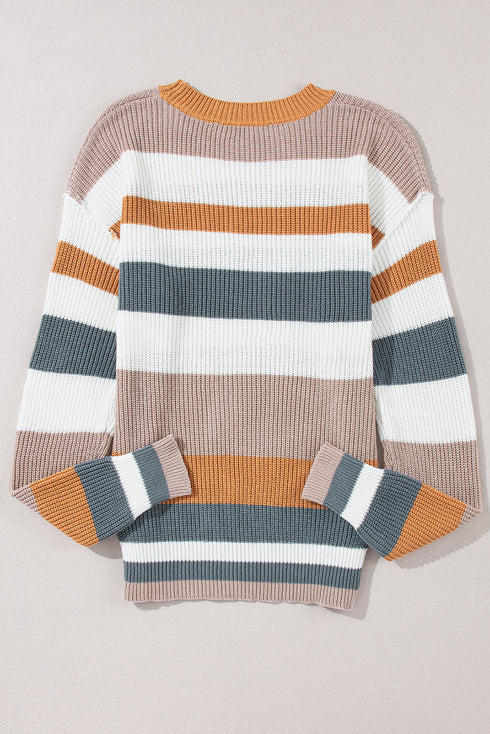 Striped Textured Knit Crew Neck Pullover Sweater