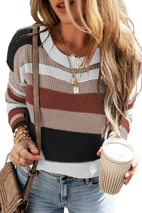 Striped Textured Knit Crew Neck Pullover Sweater