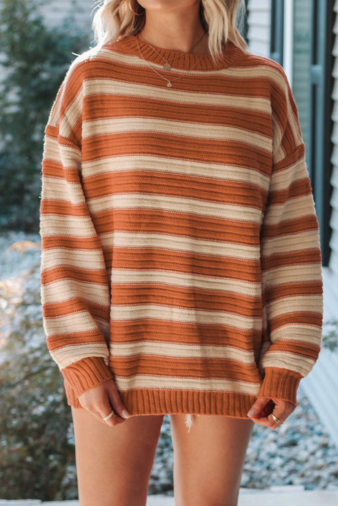 Striped Textured Knit Drop Shoulder Ribbed Crewneck Sweater