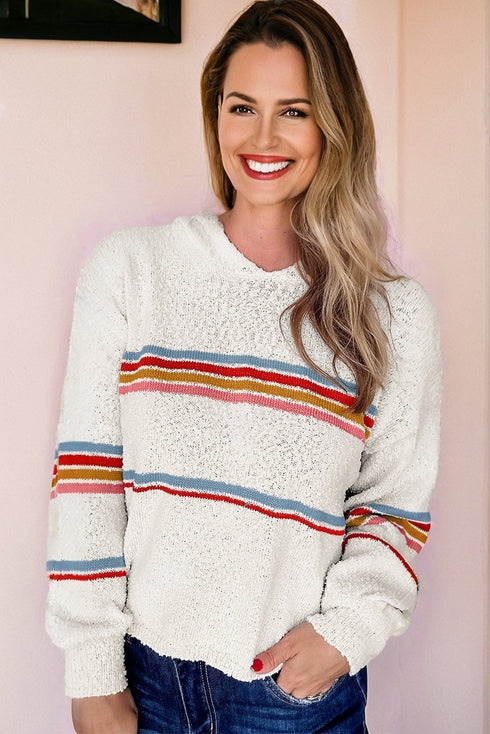 Striped Textured Knit Long Sleeve Hooded Sweater